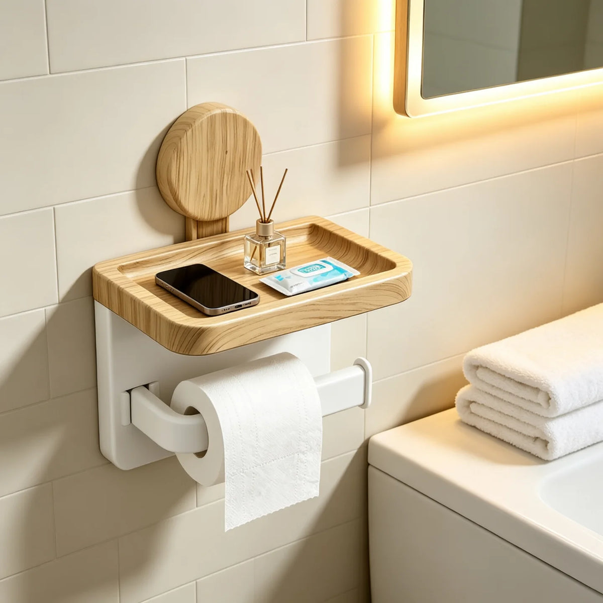 No Drill Wall Suction Cup Toilet Paper Holder Wood‑Look Tray Bathroom Tissue Holder with Phone Shelf