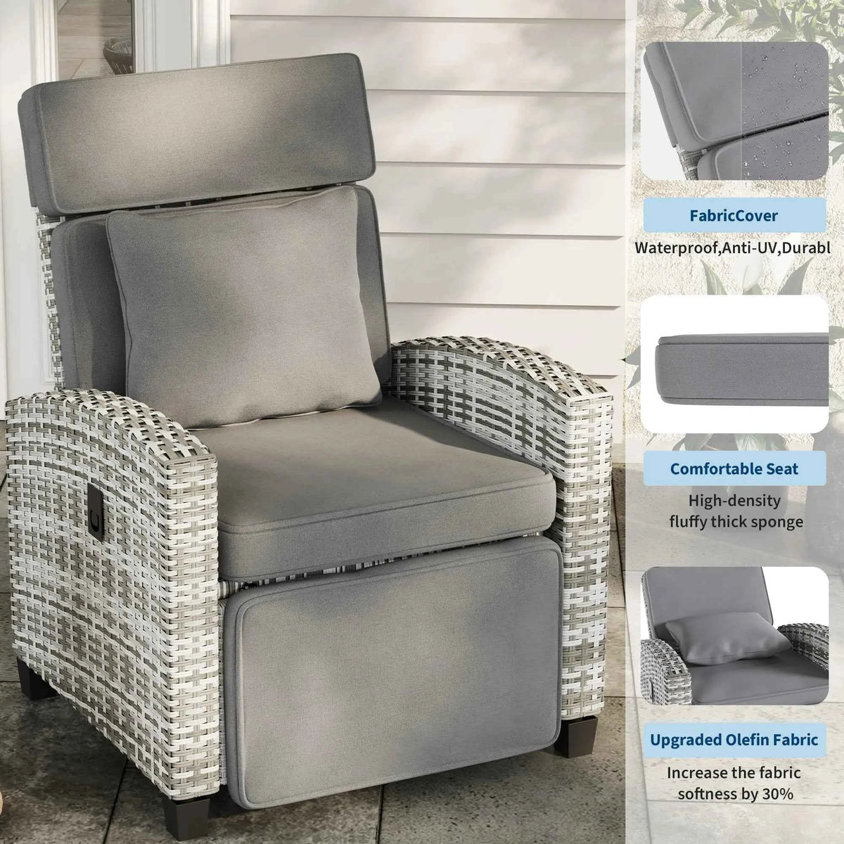 Recliner Chair with Adjustable Wicker,150° Lay-Flat Backrest & Footrest,Flip-Up Side Table,Removable Thick Cushion,Comfortable Chair for Patio Indoor and Outdoor,Grey