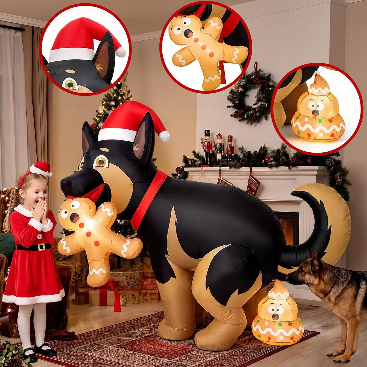5FT Funny Christmas Inflatable Outdoor Decor, Pooping Dog Blow Up Holding Gingerbread Man with LED Lights, Holiday.