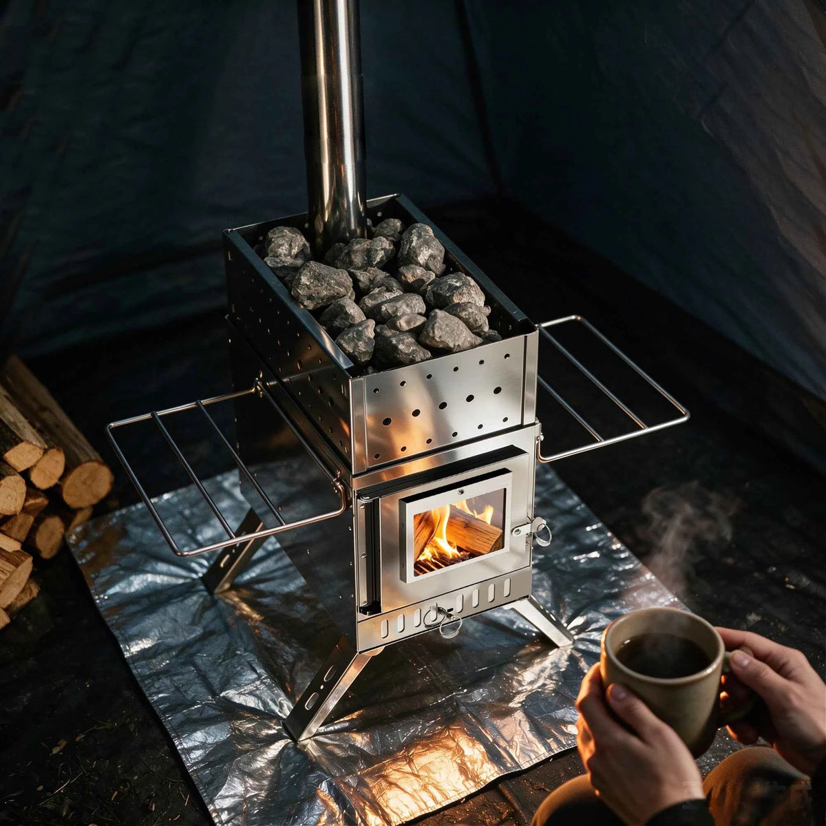 UNHO tent stove, portable wooden stove, large stainless steel tent fireplace, equipped with 6 chimney pipes, suitable for outdoor heating, cooking, hunting, barbecue and ice fishing.
