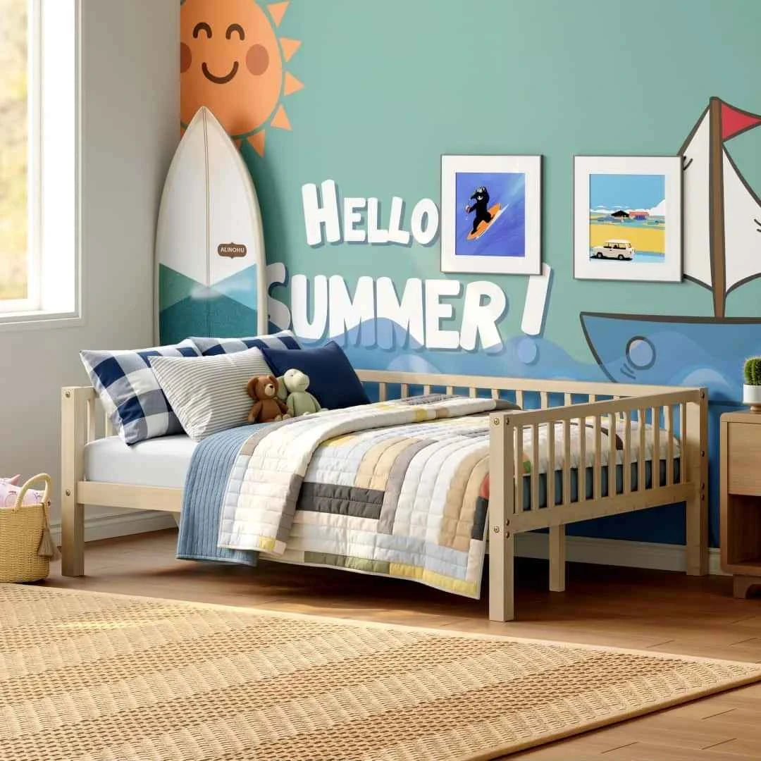 Full Size Daybed Frame with 3-Sided Guardrails, Wood Slat Support Breathable Leisure Bed for Kids Bedroom, Natural