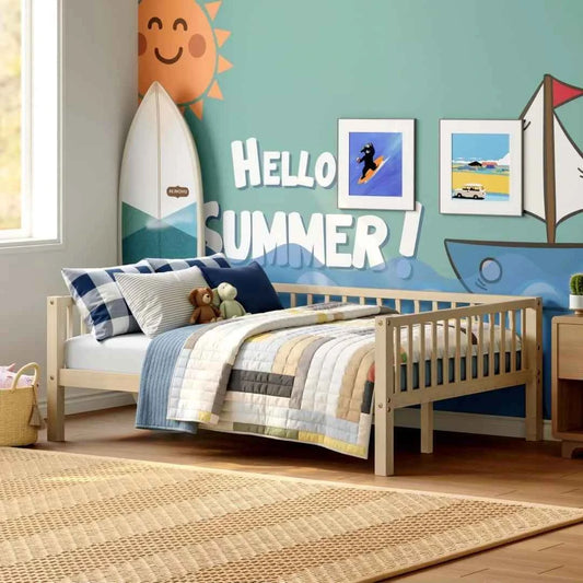 Full Size Daybed Frame with 3-Sided Guardrails, Wood Slat Support Breathable Leisure Bed for Kids Bedroom, Natural