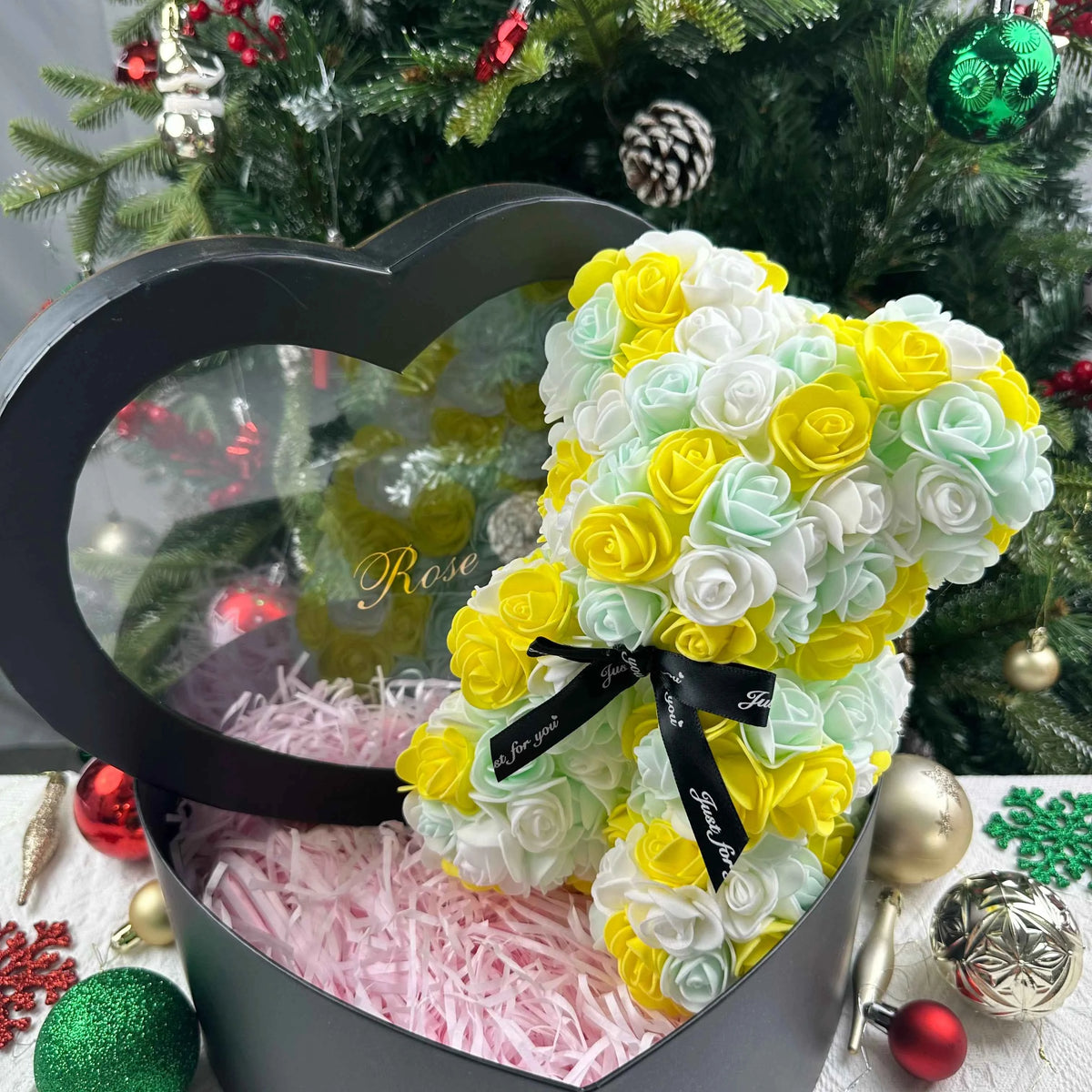 25cm Artificial Teddy Rose Flower Bear with Box. Romantic Valentines Day Gift, Girlfriend,  Anniversary, Wedding Party, Supplies