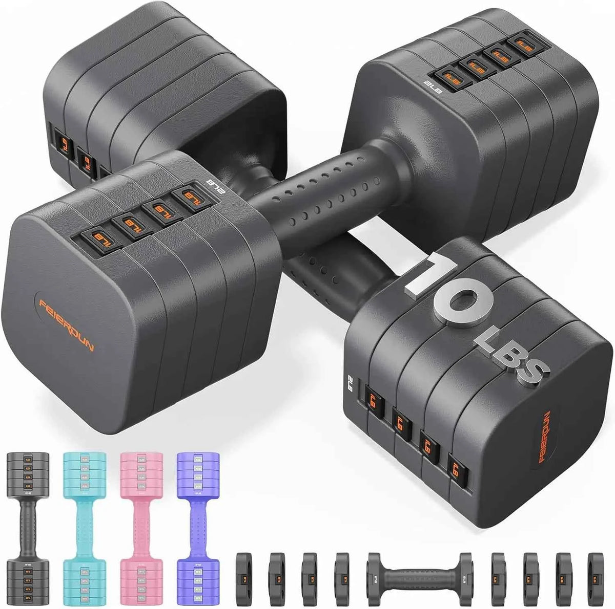 FEIERDUN 5-in-1 Adjustable Dumbbells Set of 2, 20LBS Dark Grey Hand Weights, Fast Adjust Dual Stable Dumbbells.