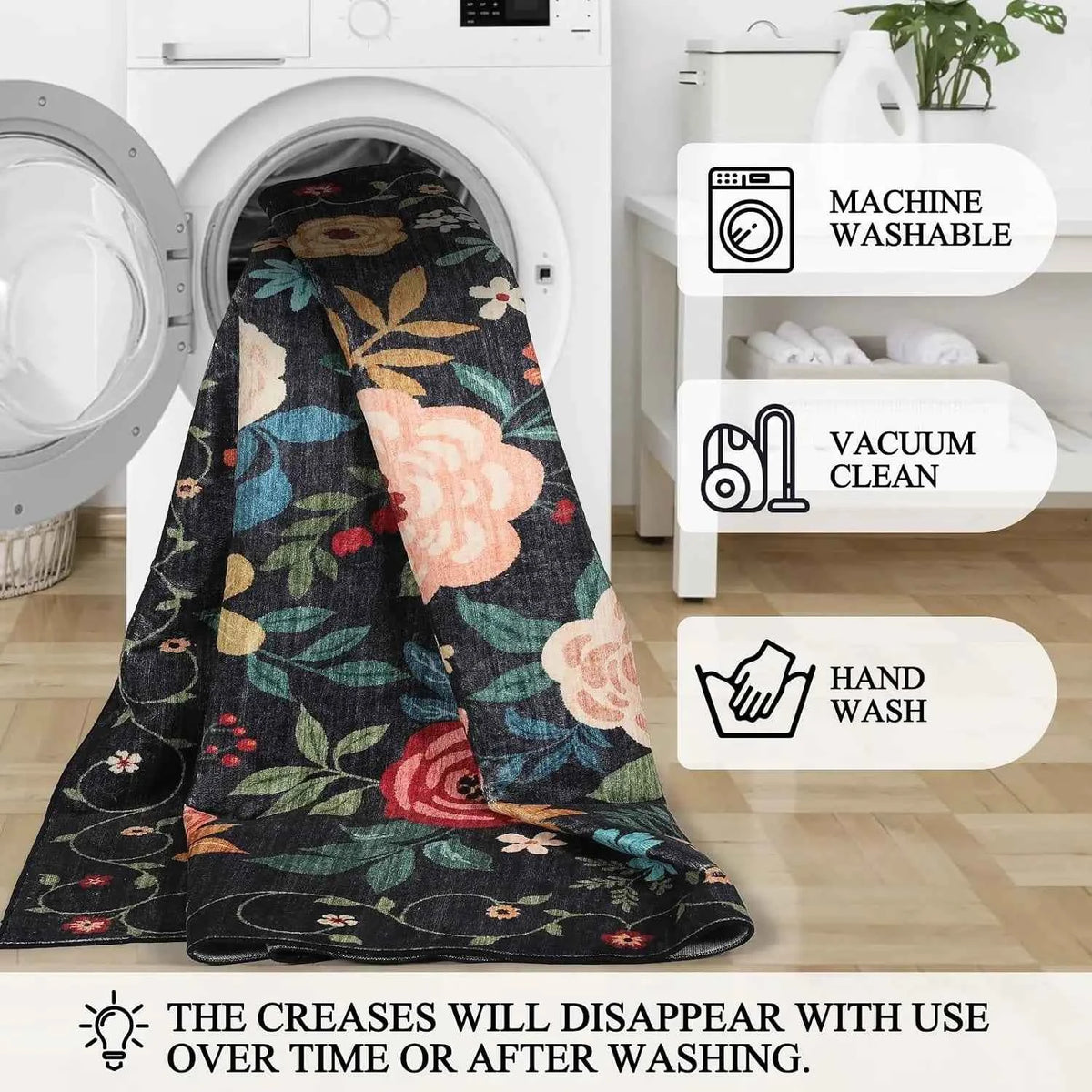 Round Floral Area Rug, Washable, Non Slip, Black, Small, & Round Carpet. For Living Room Bedroom Kitchen Entryway Home Decor
