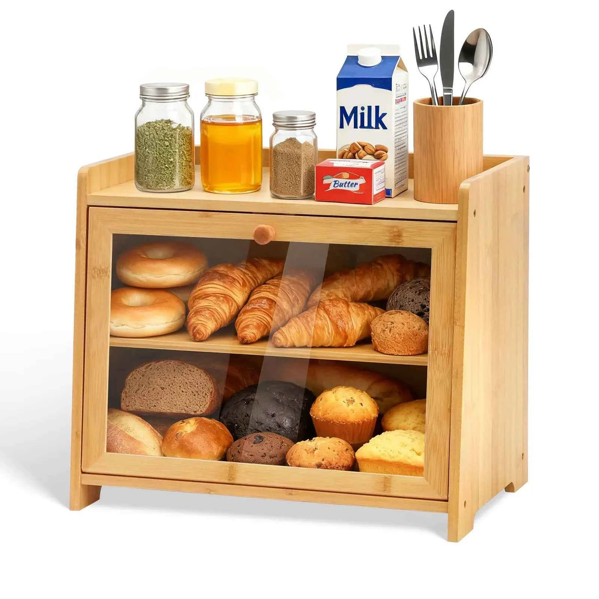 Bamboo Bread Box for Kitchen Countertop(Natural), Double Layer with Window,  Farmhouse Style Large Capacity Storage Container