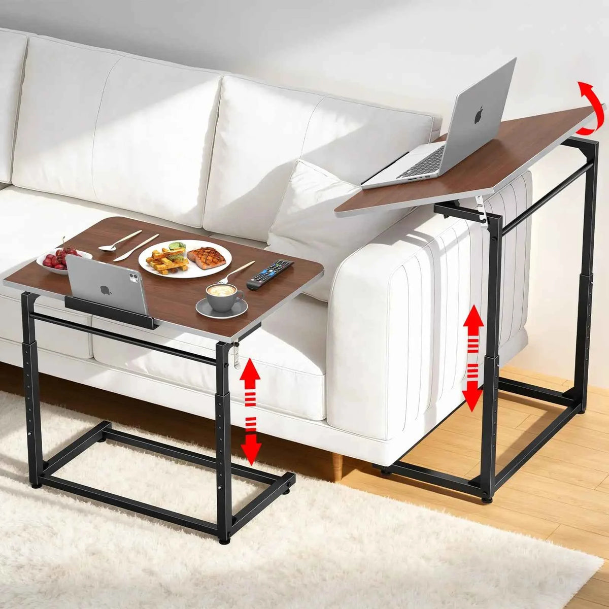 Extra Large Heavy Duty TV Tray Table, 23.6" Folding C-Shaped. Laptop Desk.  Height & Tilt Adjustable. End Table with Phone/Tablet Slot, Easy Clean. Walnut Finish