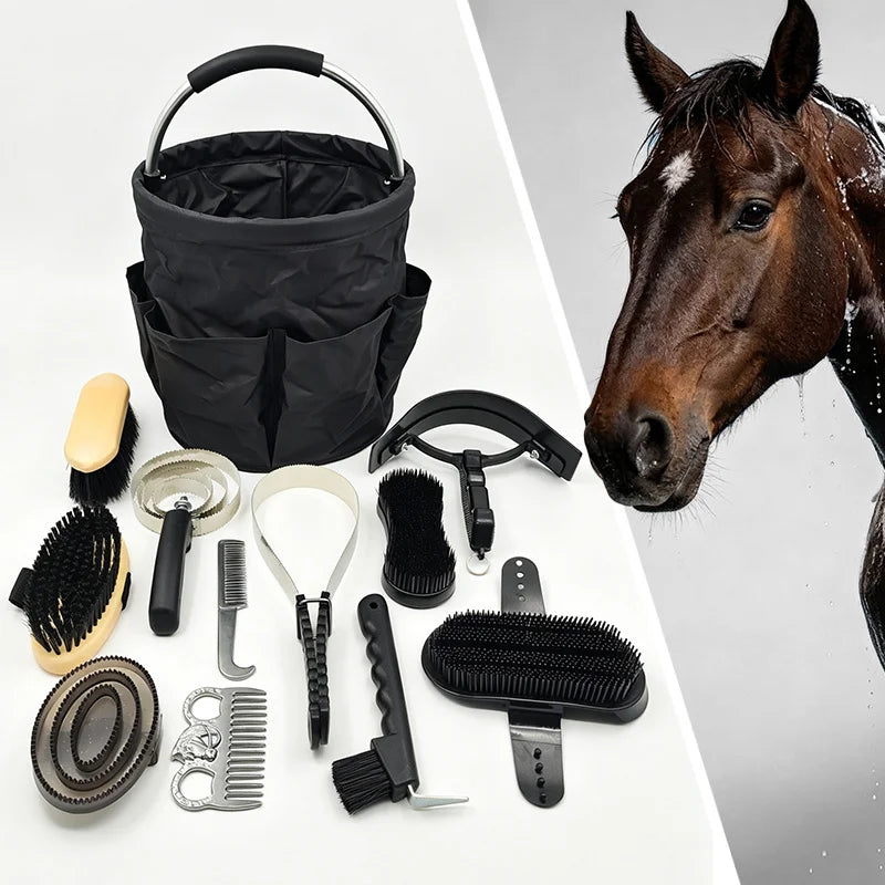 12 PCS Horse Grooming Kit, Large Capacity Foldable Storage Bucket, Horse Brush, Comb, Sweat Scraper, Hoof Pick Set for Care Cleaning