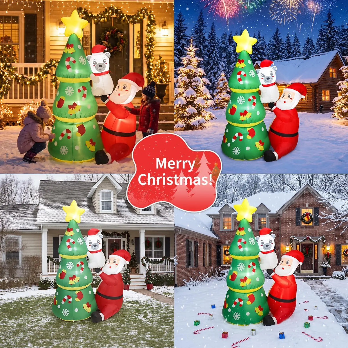 7ft Christmas Inflatable Santa & Polar Bear With Tree, Lighted Blow Up Yard Decor With Leds, Blower and Stakes. For Home Lawn, Garden, or Porch