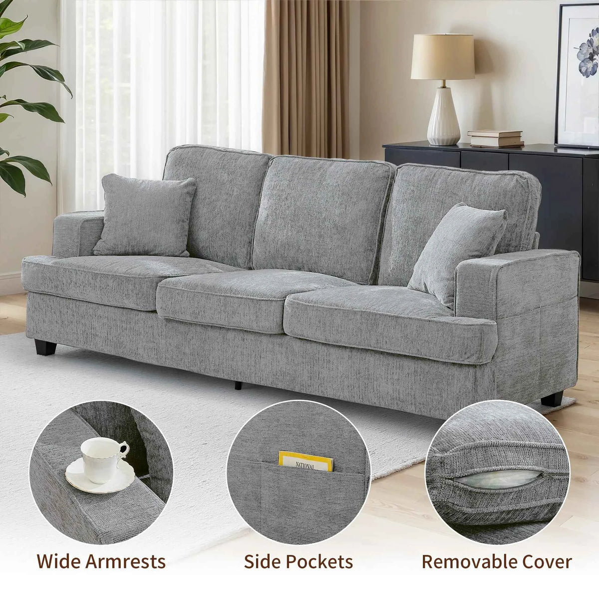 89 inch Cloud Couch Sofa in Chenille with Extra Comfy Soft Seats, Modern 3 Seater Sofas