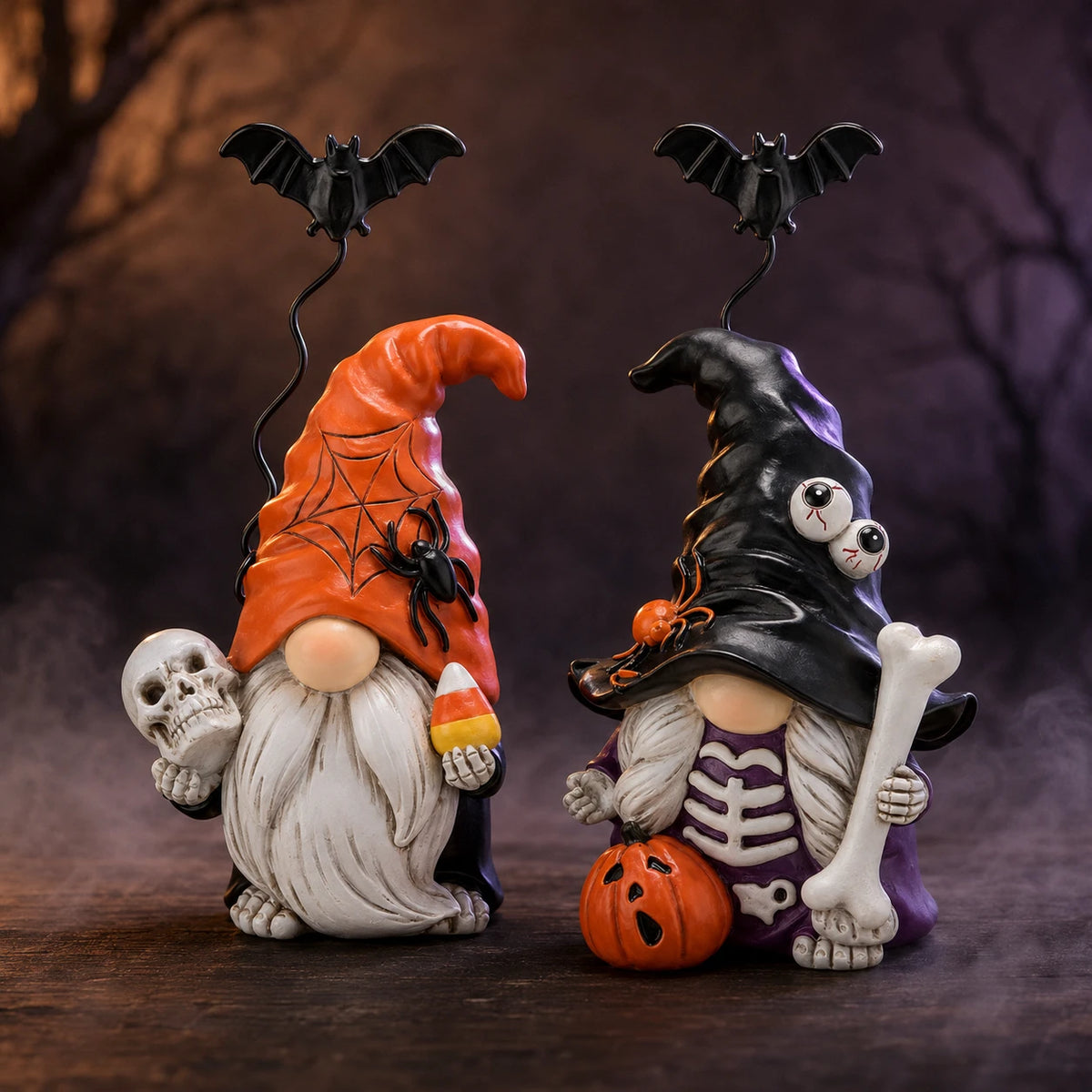 Hodao Resin Halloween Gnome Figurine Set, 2-Piece Pumpkin and Witch Gnome Decor with Spring-Loaded Flying Bat Topper, Skeleton Chest, Skull, Pumpkin and Candy Corn Details, Cute Creepy Hand-Painted Tabletop Ornament