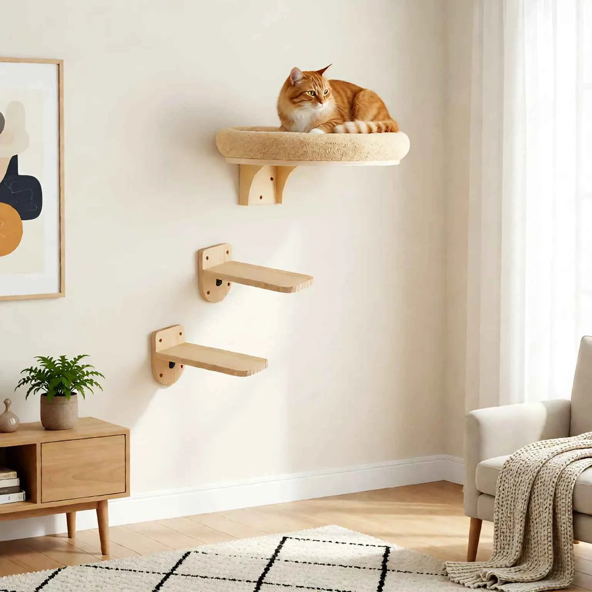 Cat Wall Mounted Solid Wooden Furniture & Climbing Ladder and Cat Hammock with Scratching Post for Activity Indoor Cats Perches
