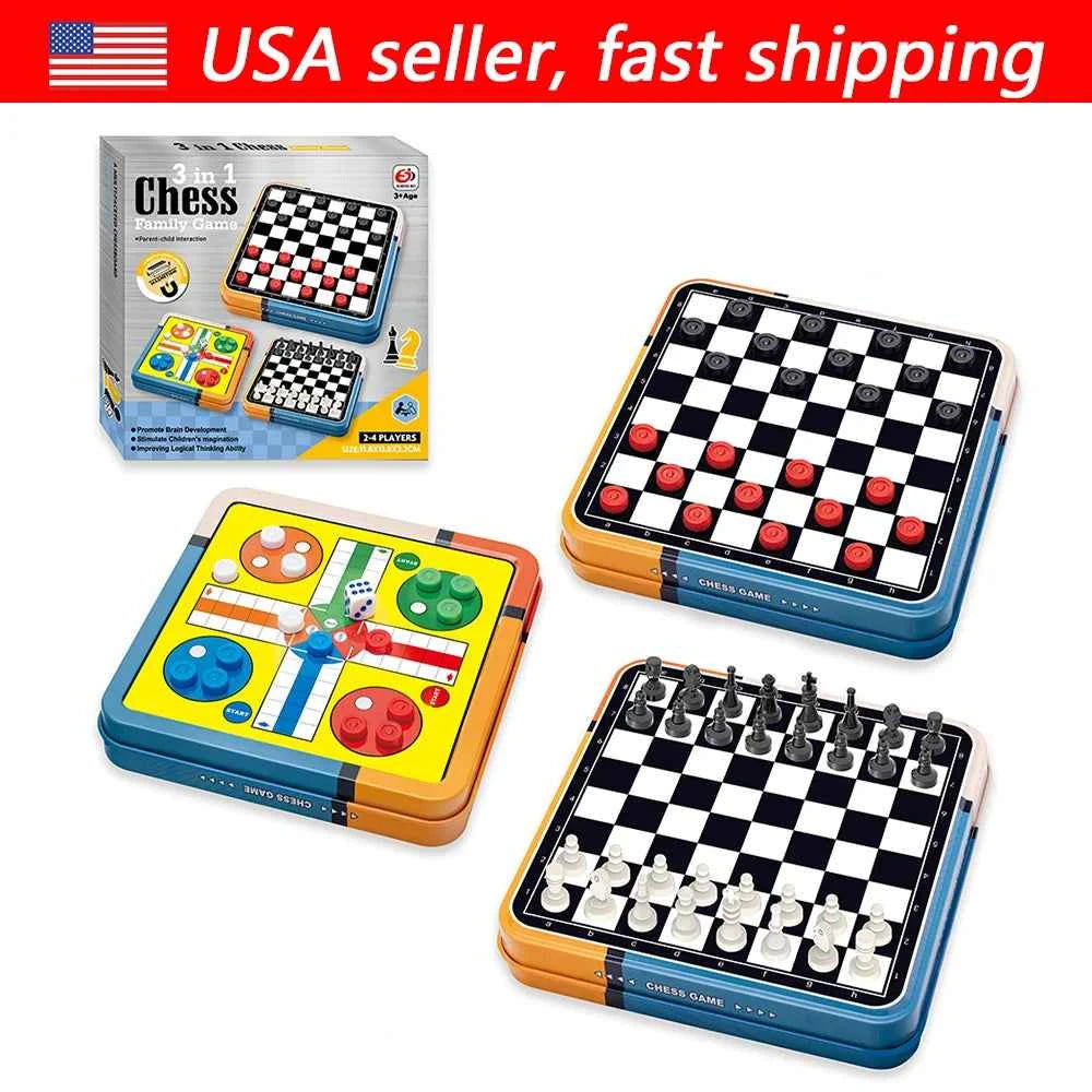 Portable 3‑in‑1 Chess, Checkers, & Ludo Board Game Set. Folding Storage Travel Family Puzzle Game, 2‑4 Players. Educational.