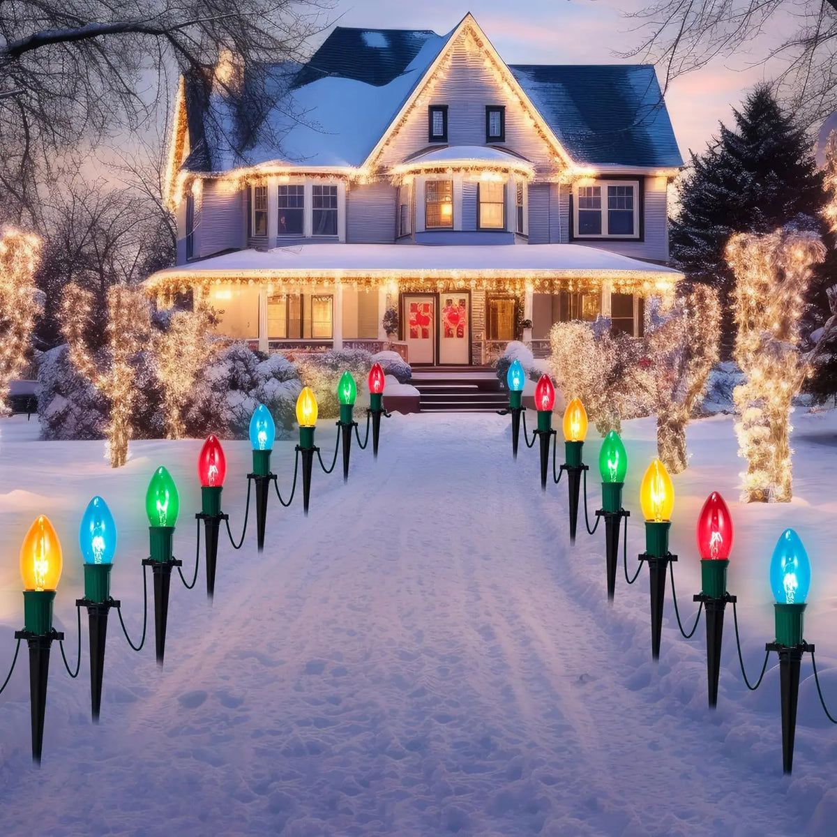 C9 Christmas Pathway Lights, 30.75ft with 24 Bulbs. Outdoor Warm White Light for Holiday. Waterproof, Outside and  Walkways festival lighting
