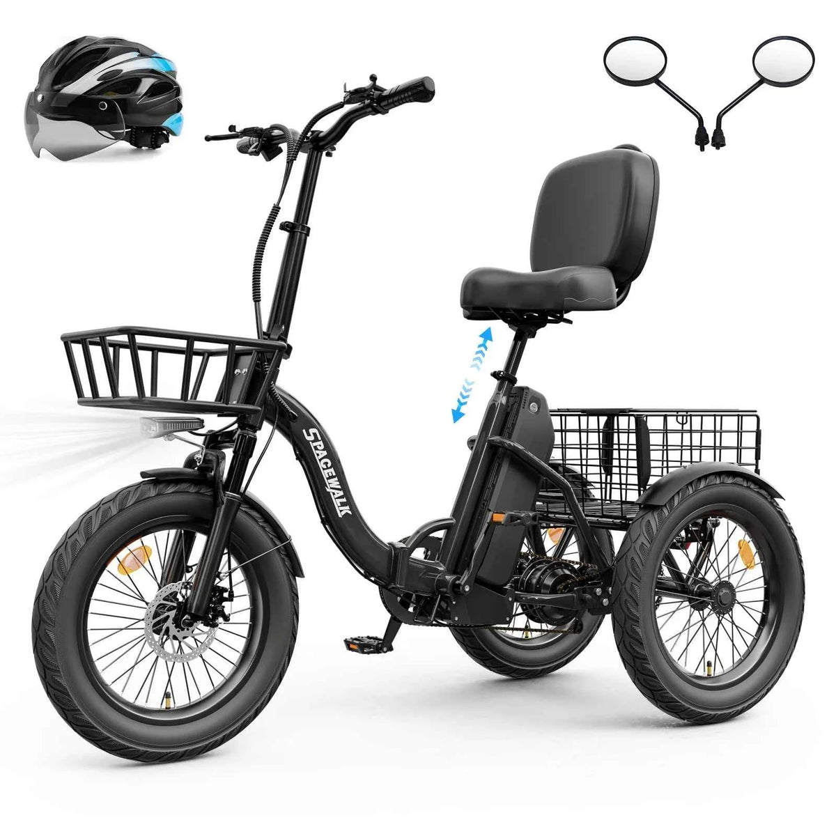 Spacewalk 1200W Peak Electric Trike for Adults, 48V, 15Ah Battery, 3 Wheel Electric Bike with 60 Miles Range, 18×3.0 Fat Tires, Dual Disc Brakes, Rear Cargo Basket, Adjustable Comfort Seat, Folding E Tricycle for Seniors-Bla