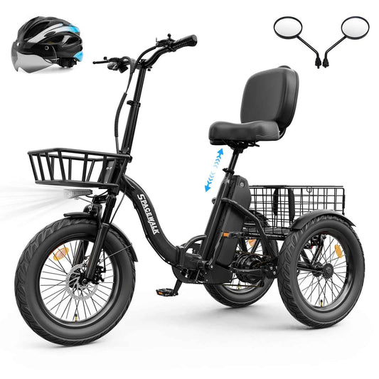 Spacewalk 1200W Peak Electric Trike for Adults, 48V, 15Ah Battery, 3 Wheel Electric Bike with 60 Miles Range, 18×3.0 Fat Tires, Dual Disc Brakes, Rear Cargo Basket, Adjustable Comfort Seat, Folding E Tricycle for Seniors-Bla