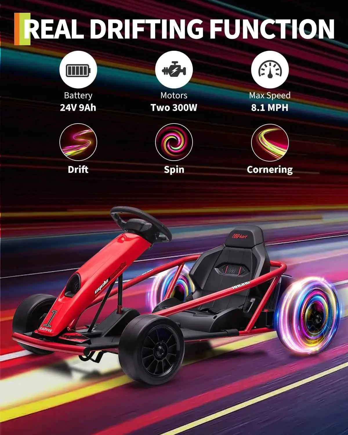 24V Electric Go Kart For Kids Ages 8+, 2x300W Drift Racing Ride On Car With 9Ah Battery, Music Horn, EVA & Nylon Wheels