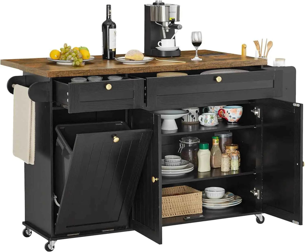 60" Mobile Kitchen Island Cabinet. Table Drop Leaf for additional space. With  Power Outlet, Spice & Towel Racks, Drawers and knife holders, Trash