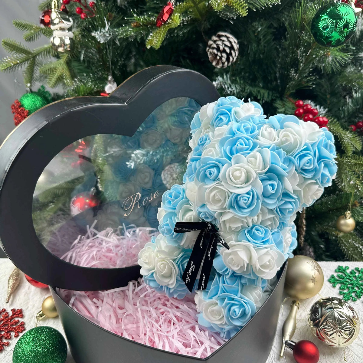 25cm Artificial Teddy Rose Flower Bear with Box. Romantic Valentines Day Gift, Girlfriend,  Anniversary, Wedding Party, Supplies
