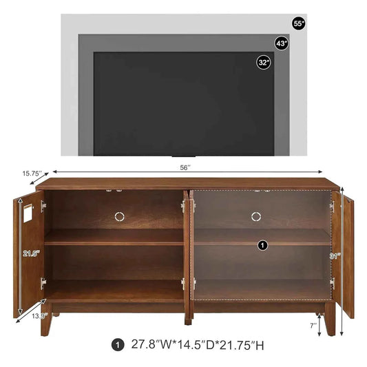 56" Mid Century Modern TV Stand, Wood Storage Cabinet, Carved Geometric Doors & 4 Door Media Console, Custom