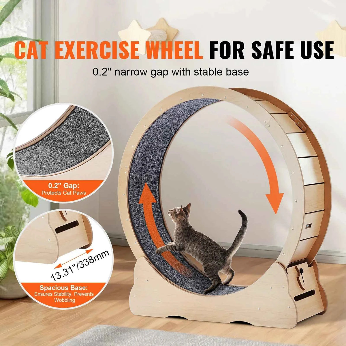 Wooden Exercise Wheel for Indoor Cat .Running Wheel with Detachable Carpet& Cat Teaser