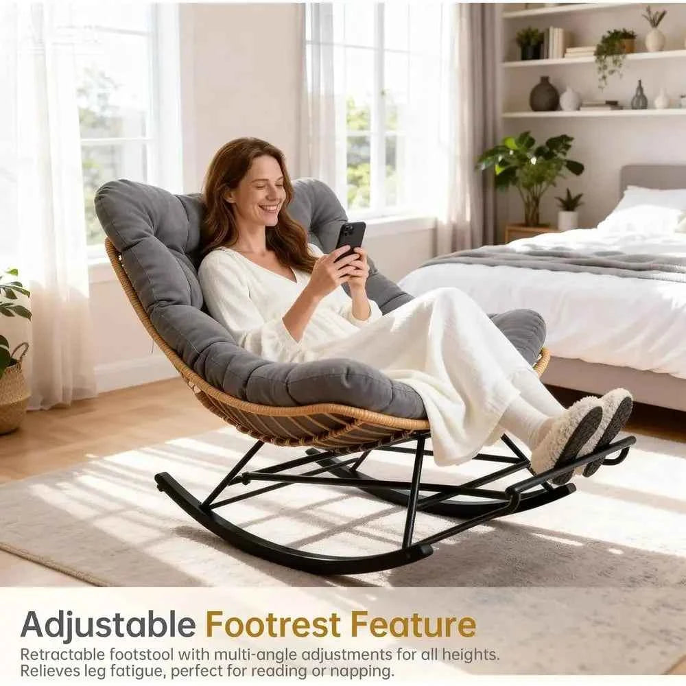 Water-Resistant Wicker Outdoor Lounge Chair, Oversized Patio Chair with Cushion, Adjustable Footrest, Suitable for Garden, Porch