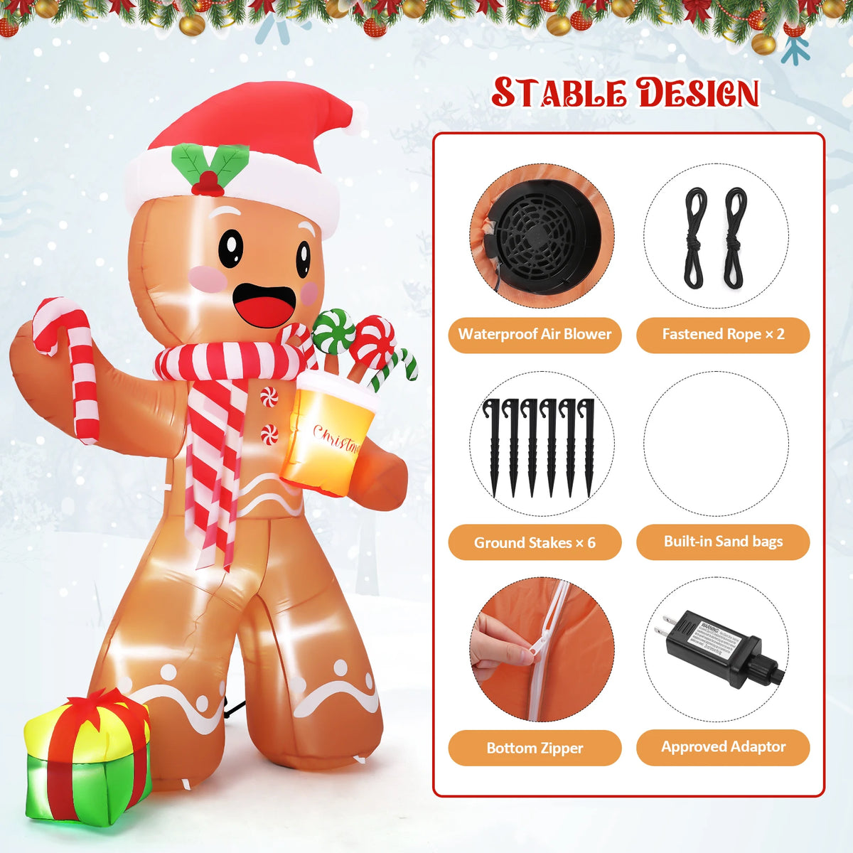 8ft Christmas Gingerbread Man Inflatable With Led Lights, Blow Up Outdoor Yard Decoration For Lawn, Garden, Porch, Indoor. Holiday Party Decor