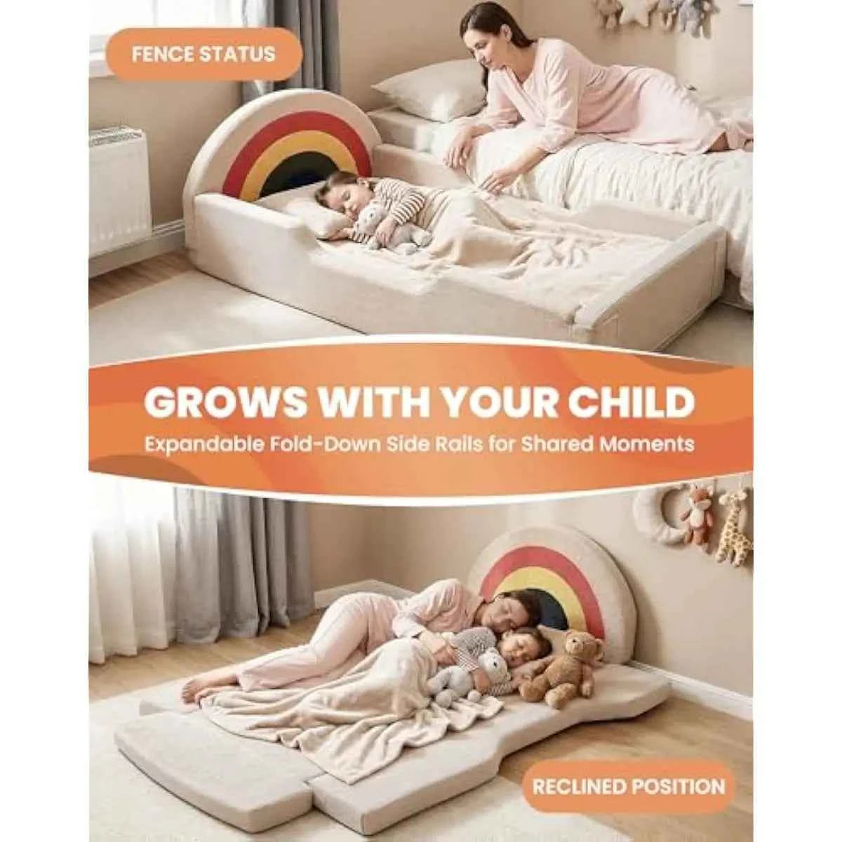 Soft Foam Toddler Floor Bed with Rainbow Headboard and Fold-Down Sides – No Assembly Required – Includes Integrated Mattress – B