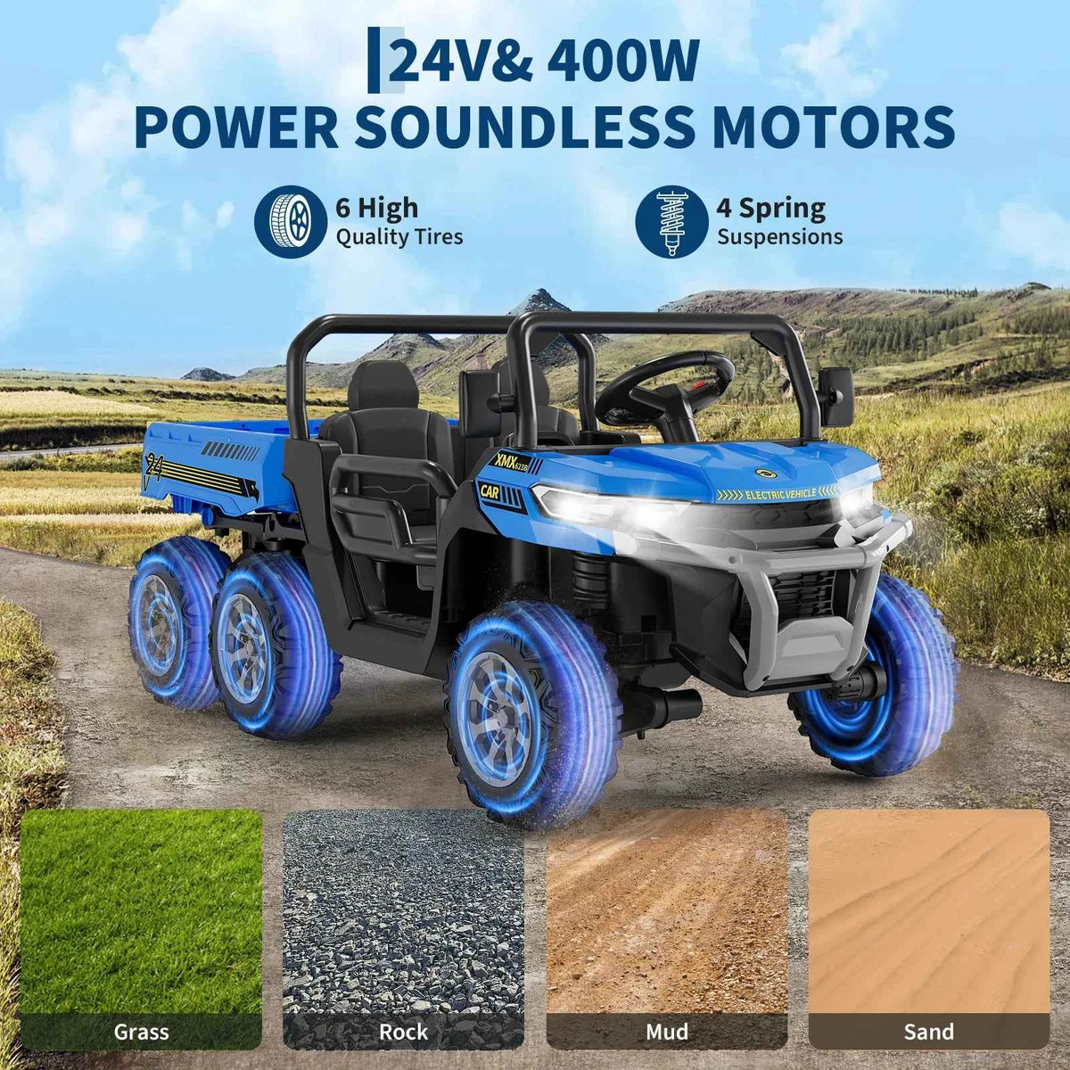 24V Kids Electric Ride Dump Truck, a 2 Seater 4WD with 6 Wheels. Parent Remote Control with 3 speeds. With Dump Bed, Bluetooth for Music, LED Lights, 2 Speeds