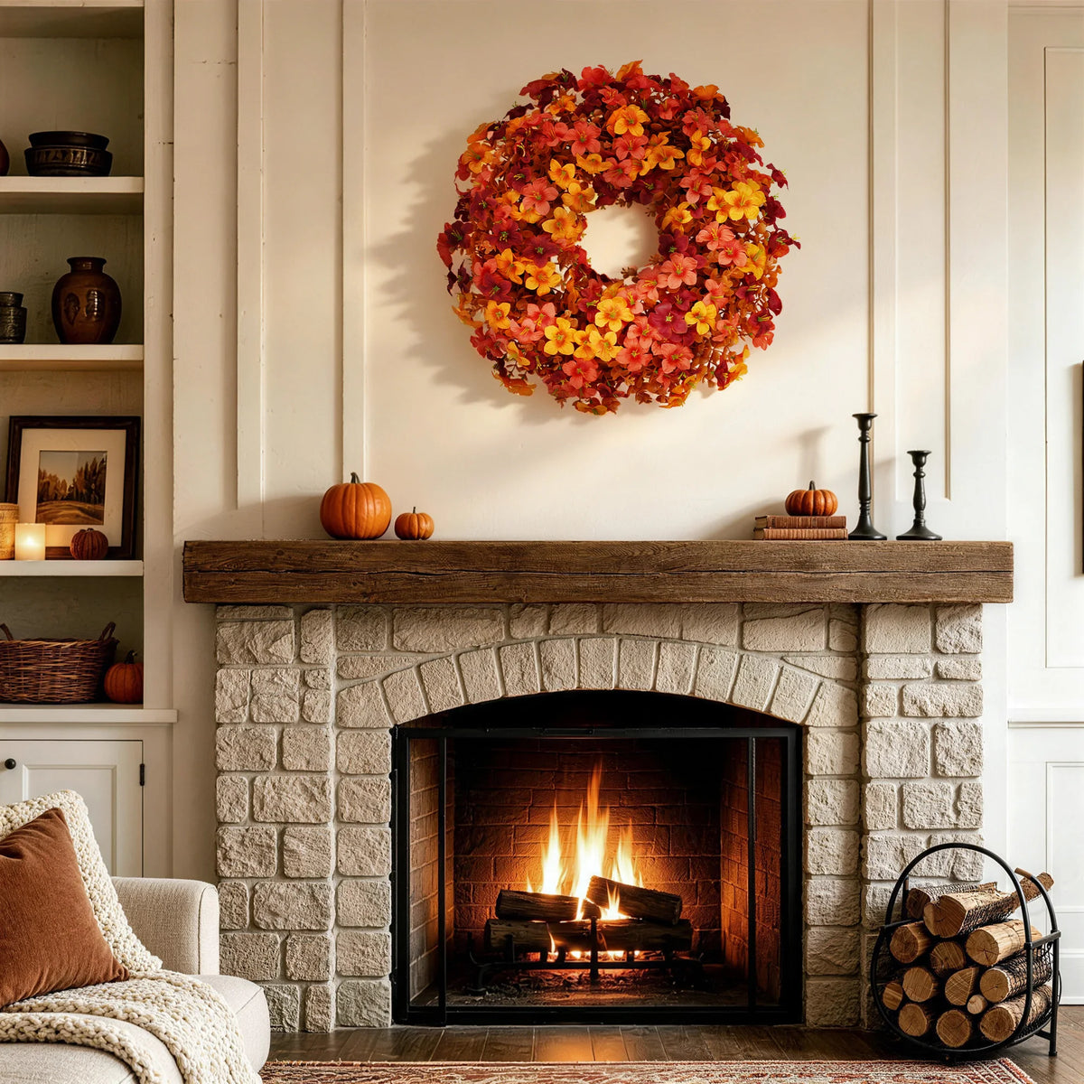 Artificial Fall Wreath 22 Inch Autumn Front Door Wreath with Orange Yellow Floral, Thanksgiving Harvest Wreath for Porch, Wall, Fireplace. or Window