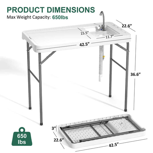 42.5"  Table with Sink, Folding Camping  Cleaning Station with Measure, Mark & Hose Hookup, Outdoor Fillet Table for Picnic, Beach, Patio, White