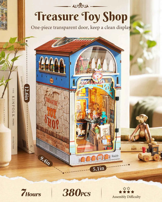 Rolife DIY Book Nook Kit 3D Puzzle. Treasure Toy Shop, Wooden Bookends Craft Kit with LED Light for Bookshelf Decor Brain Teasers Dollhouse Jigsaw for Holiday Gift