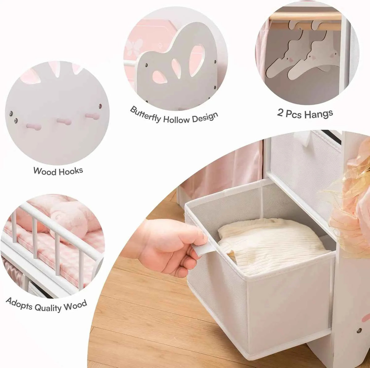 Wooden Toy Baby Crib with Storage,  Bedding. Wooden Hooks. Doll Crib will Fit Dolls up to 21 inches. Girls ages 3+  . Pink