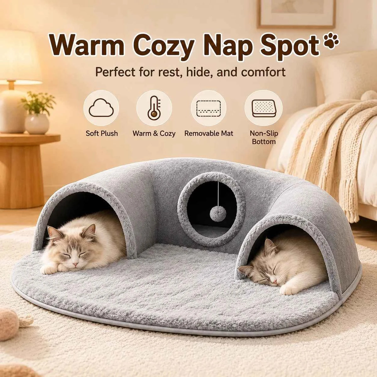Multifunctional U-shaped Cat Tunnel Bed—A Detachable, Washable Plush material; .