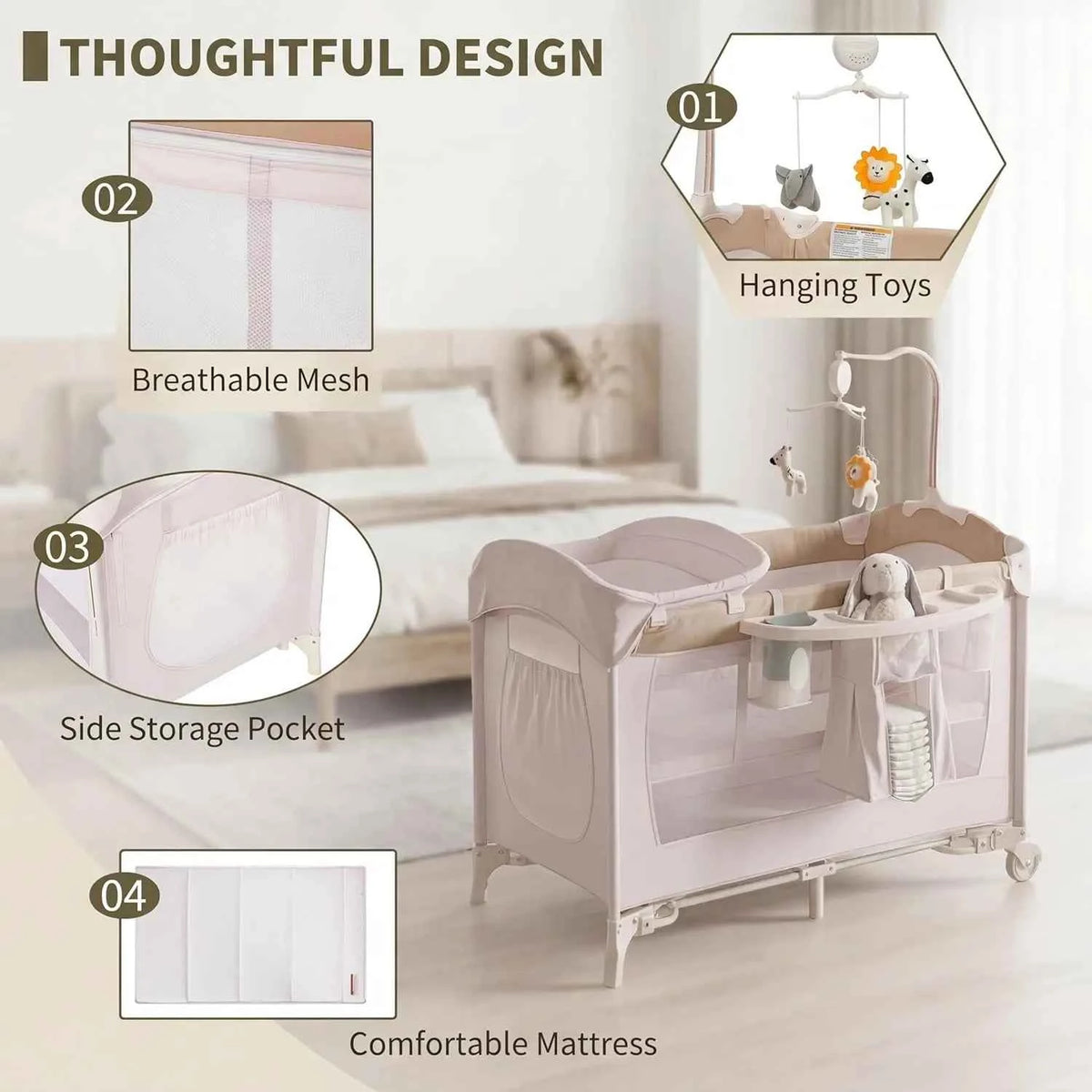 5-in-1 Playard for Babies with Bassinet, Changing Station, Portable Crib & Playpen, Breathable Mesh, Firm Mattress & One-Hand Fold