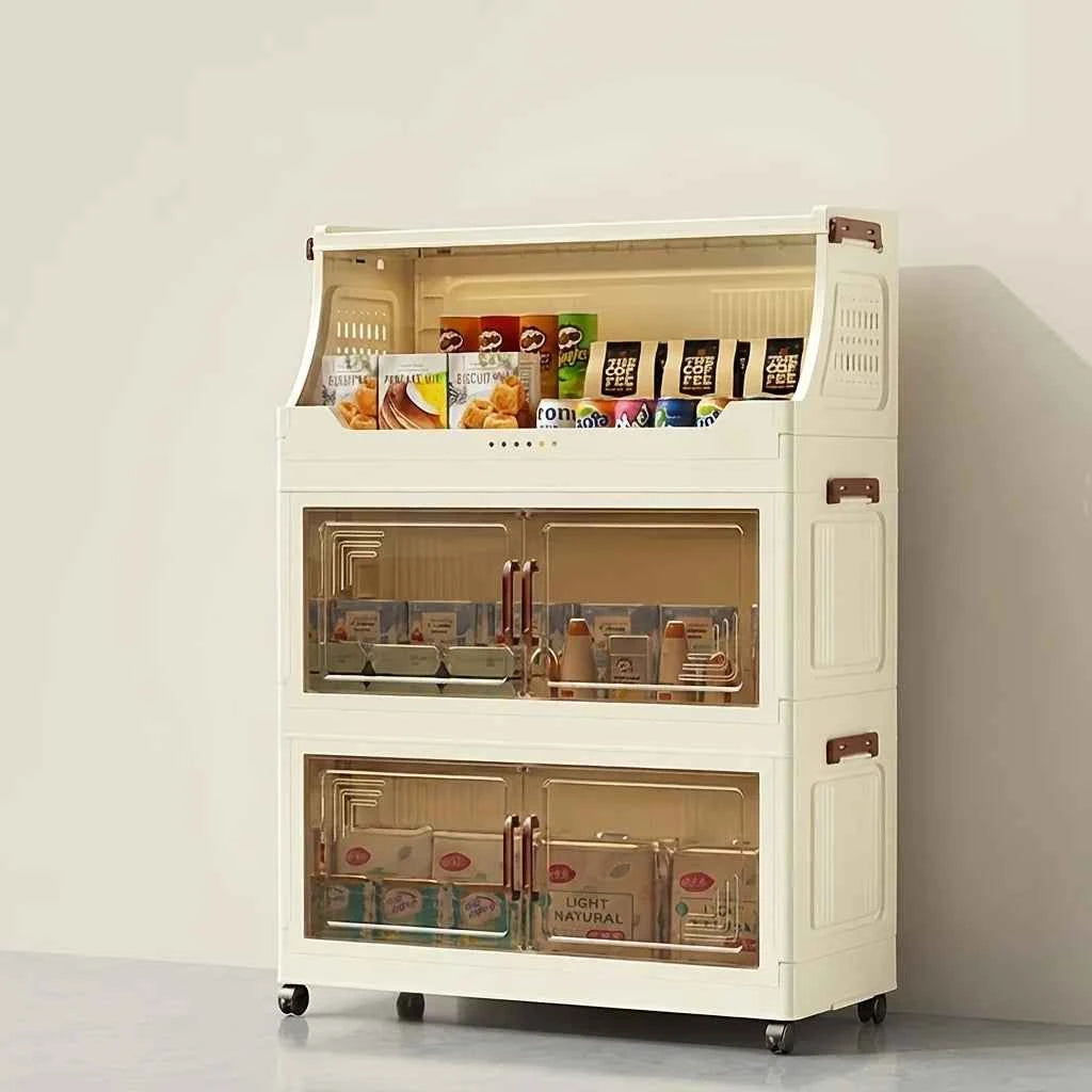 3/4-Tier Storage Cabinet with Wheels, Freestanding Kitchen Pantry Organizer with Flip Top & Transparent Doors, Plastic Rolling Storage.