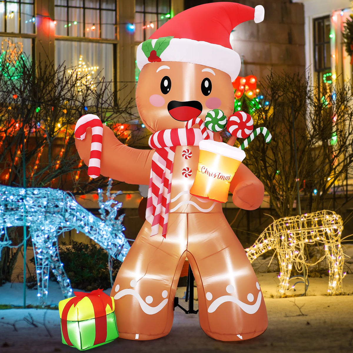 8ft Christmas Gingerbread Man Inflatable With Led Lights, Blow Up Outdoor Yard Decoration For Lawn, Garden, Porch, Indoor. Holiday Party Decor