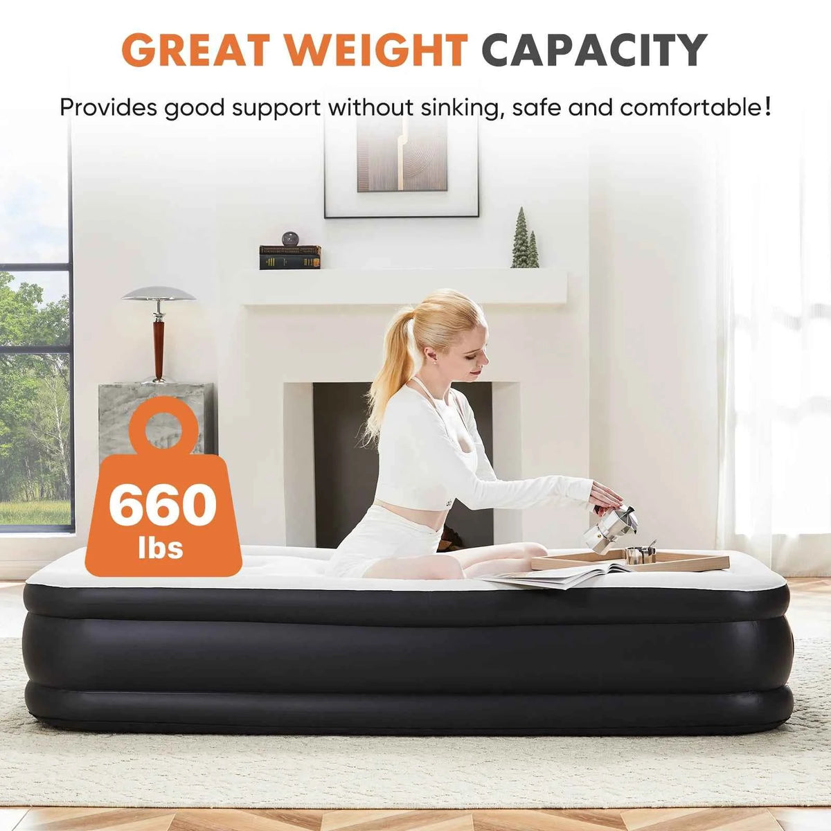 JHK Queen Or Twin Size Air Mattress. Blow Up Double Height with Non-Slip Bottom. Weight Capacity 660 lbs. Air Bed for  Home or Camping