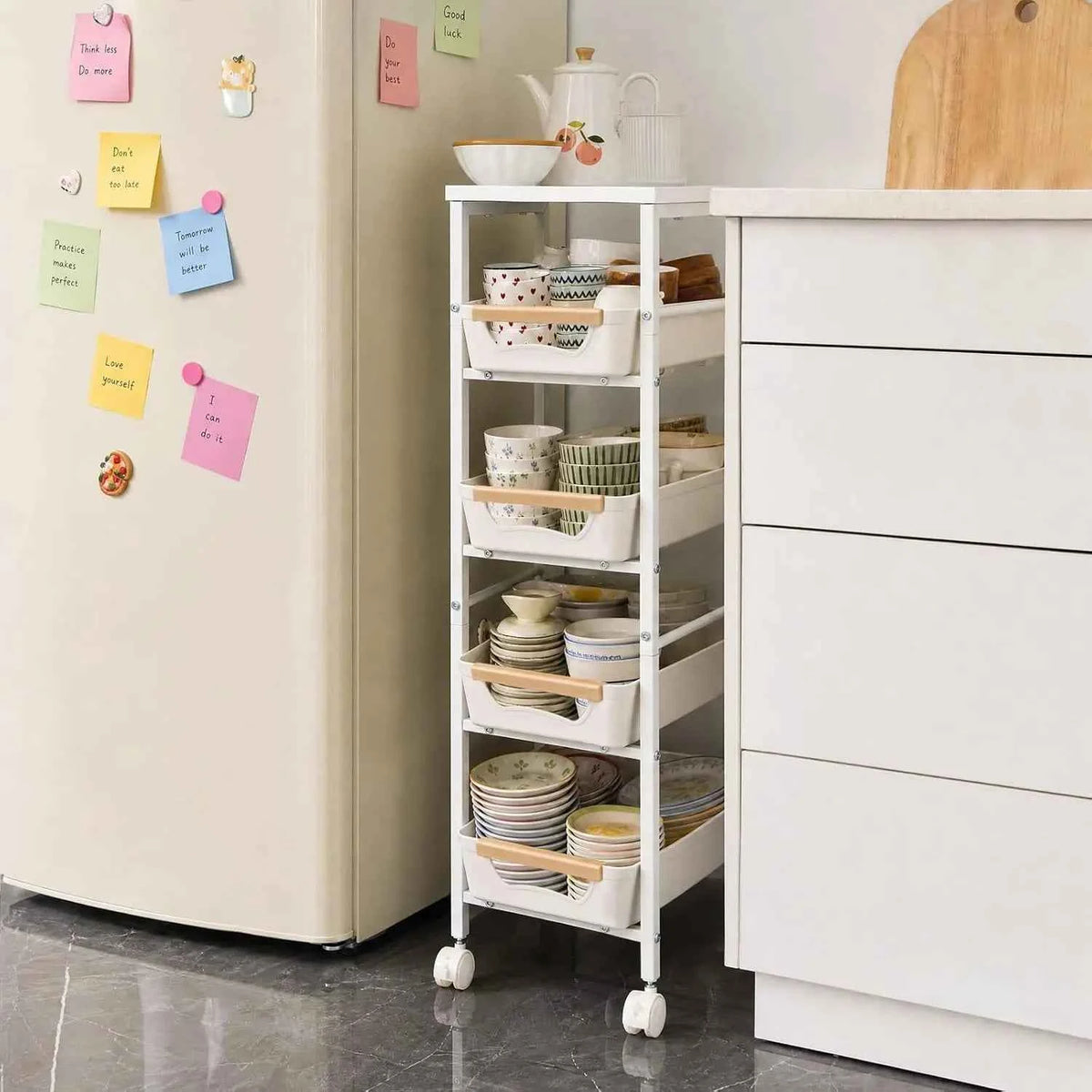 5-Tier Slim Rolling Storage Cart, Narrow Kitchen Cart with Wooden Top and Pull-Out Baskets, Mobile Shelving Unit Organizer for Kitchen, Bathroom, Laundry