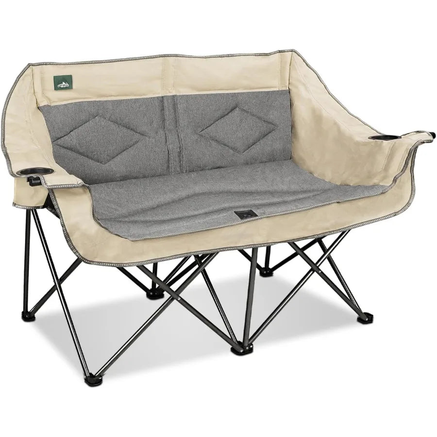 Folding Loveseat Camping Chair. Portable Double Duo Full Padded Garden Chair for 2 Person Sofa with 2 Cup Holders and Wine Glass