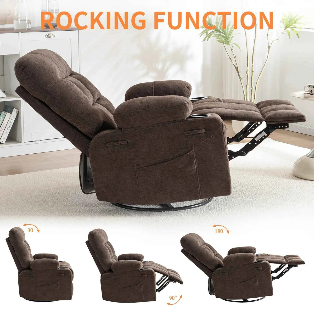 360° Swivel Rocker Recliner Chair with Cup Holders & Side Pockets,