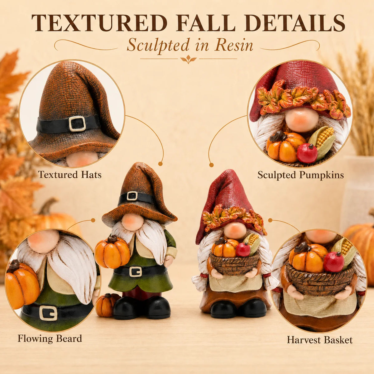 Hodao Resin Fall Gnome Figurine Set, 2-Piece Thanksgiving Gnome Figure Model with Pumpkin, Harvest Basket, Autumn Leaves and White Beard, Collectible Tabletop, Shelf Sitter Decor for Fireplace Mantel, Tiered Tray Home Display
