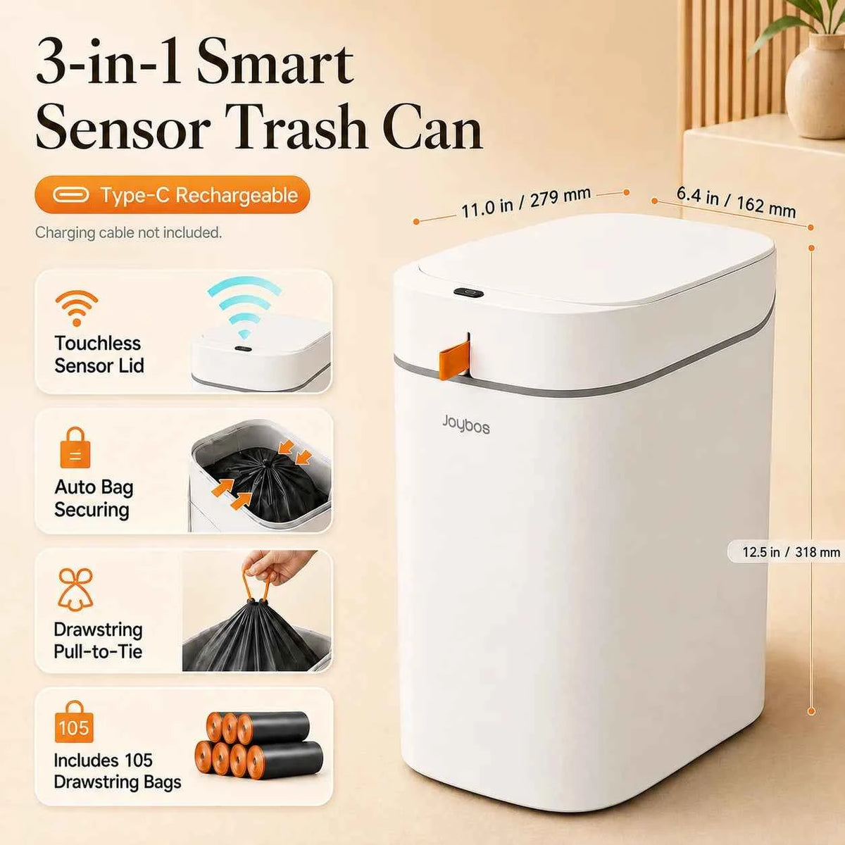 Joybos Smart Trash Can with Auto-Lining, Touchless Sensor Garbage Bin + Free Drawstring Bags, No-Mess Pull & Lift Wastebasket