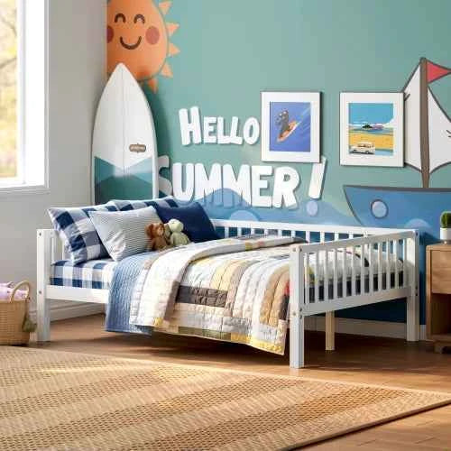 Full Size Daybed Frame with 3-Sided Guardrails, Wood Slat Support Breathable Leisure Bed for Kids Bedroom, Natural