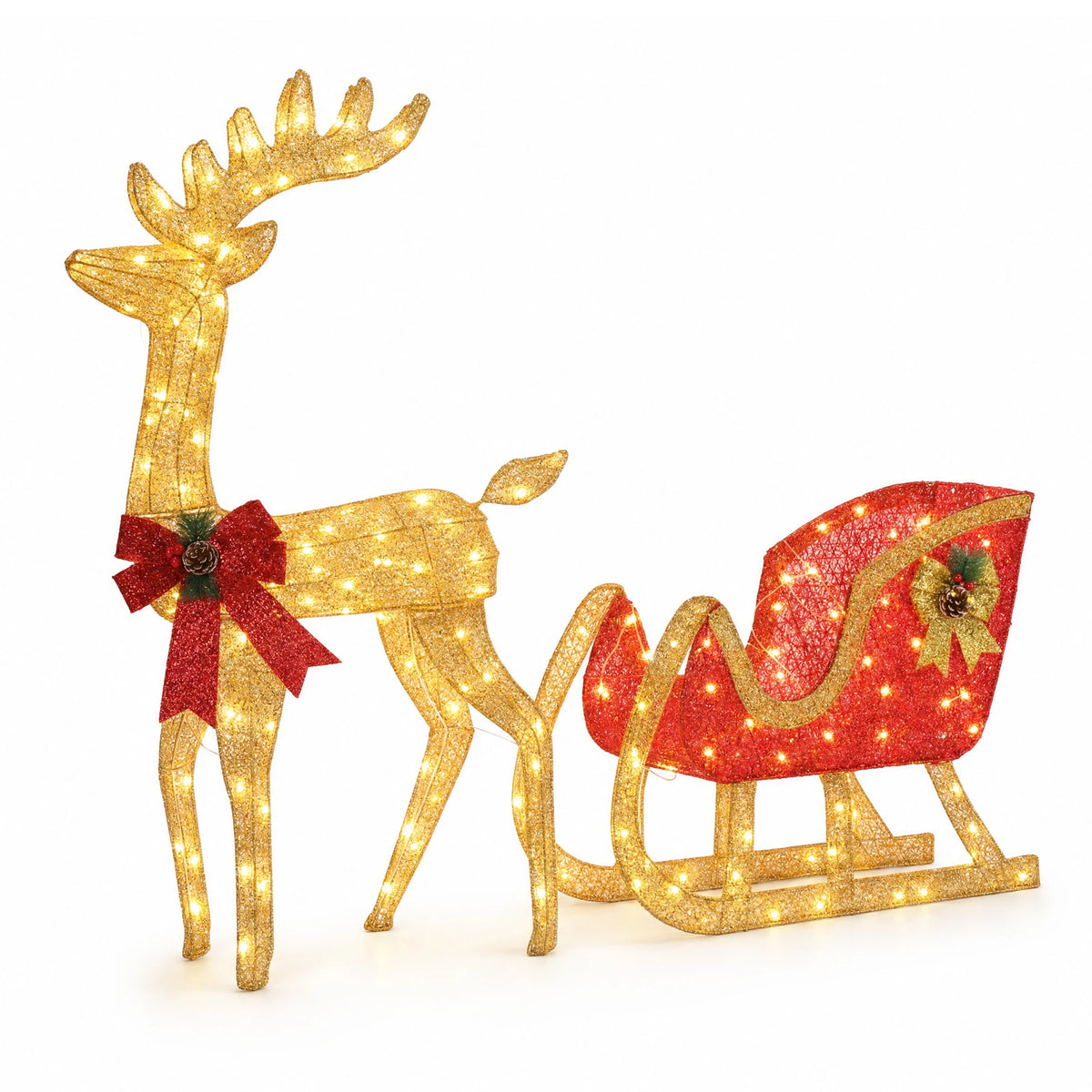 4Ft Lighted Christmas Reindeer And Sleigh Outdoor Yard Decoration Set. Pre Lit White LED Holiday Display. Outdoor Lawn or Porch  Ornament.
