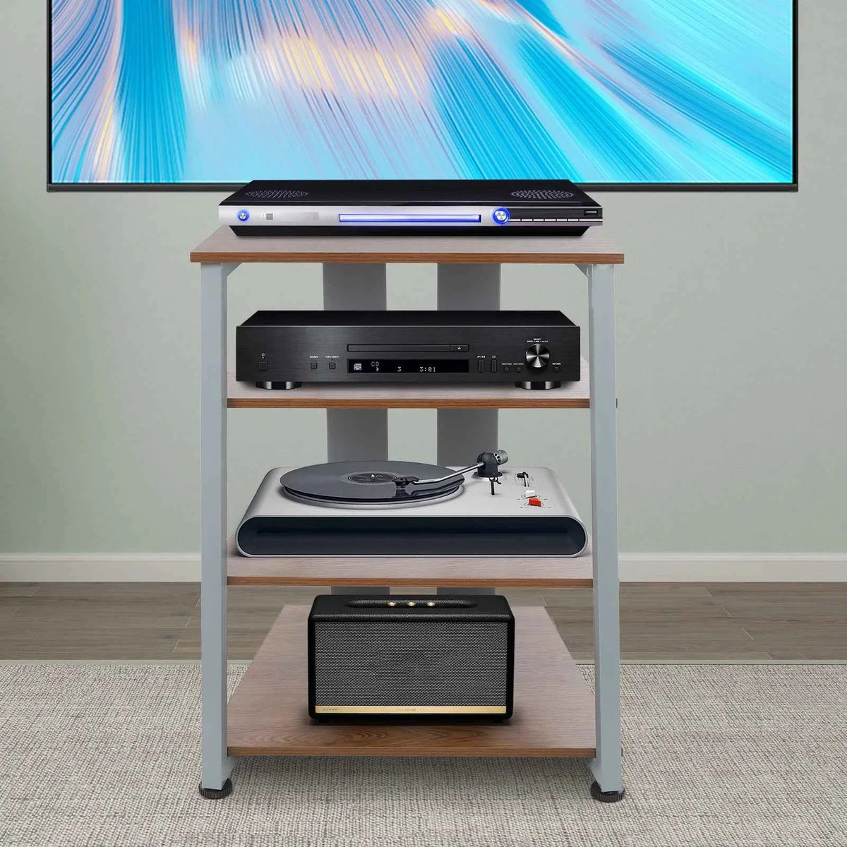 4‑Tier AV Media Stand with Cable Management. Carbon Steel Stereo Rack for Home Theater.
