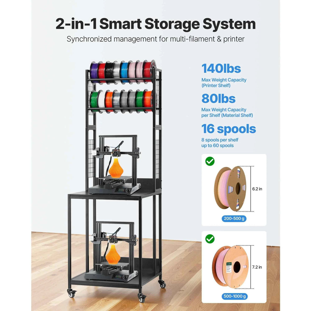 4-Tier 3D Printer Filament Storage Rack with Wheels Printer Stand Spools Holder Cart for 3D Printing Station Office