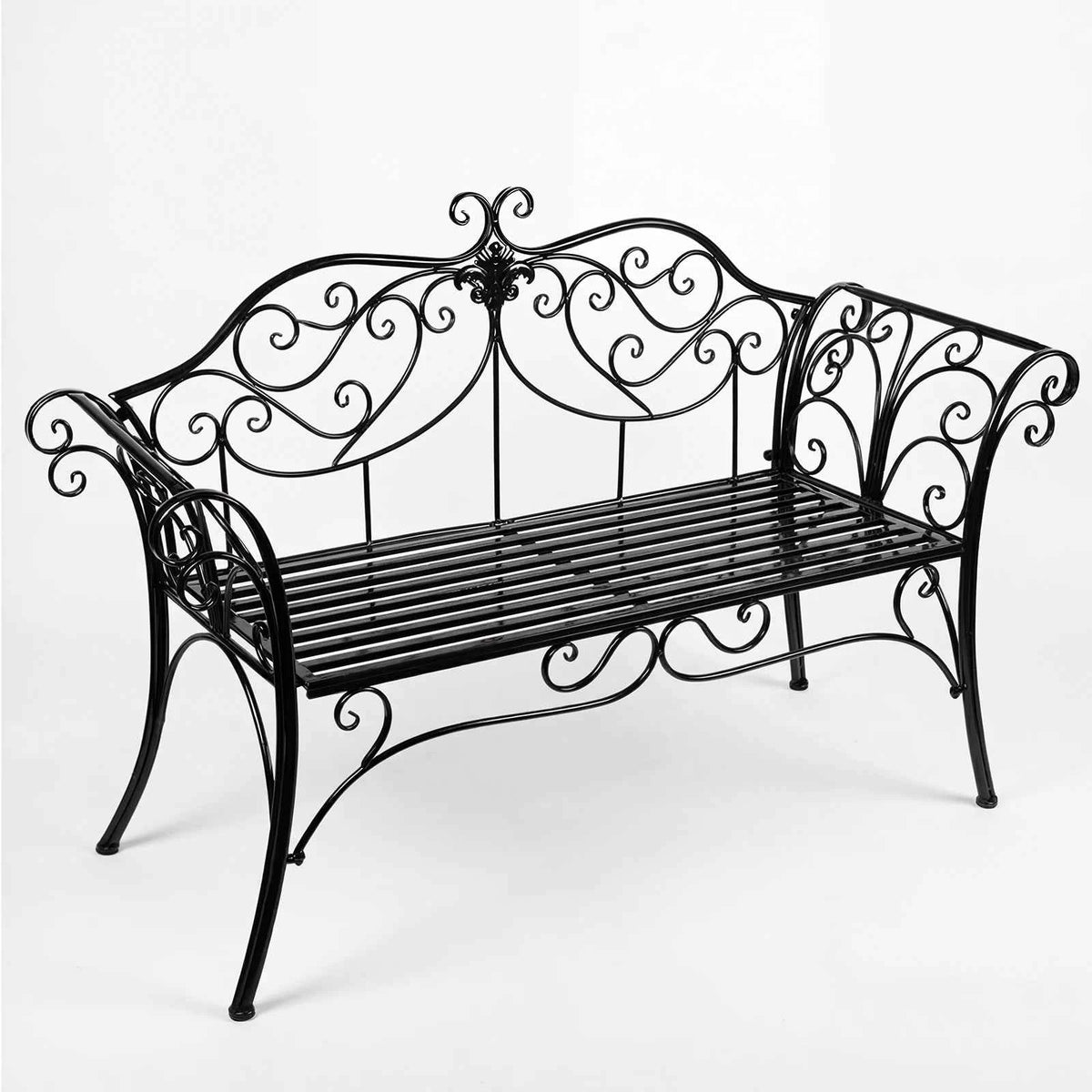 HLC Wrought Iron Two-Seater Garden Bench with Decorative Wrought Iron Backrest, Outdoor Garden Bench, 133x90x49 cm, Balcony, Patio, Rust-Proof, Black