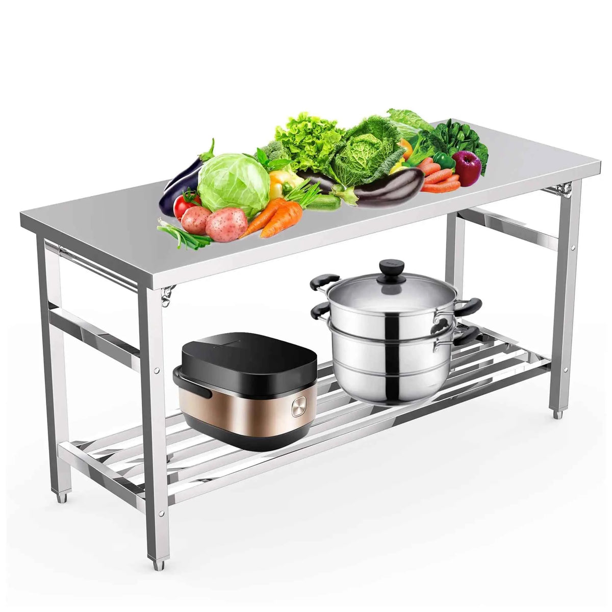 60"×24" Foldable Stainless Steel Prep Table, NSF Heavy-Duty Workbench with Adjustable Undershelf, Kitchen, Outdoor, Commercial Cooking Work Table