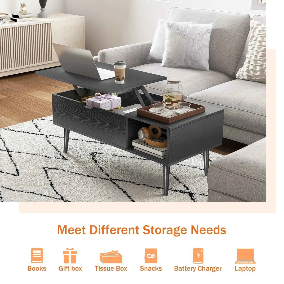 JHK Lift Top Tables For Living Room 39.37"x19.7"  Wood Dining Tables. Adjustable Storage Shelf, Easy Lift Or Lower